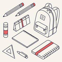 Isometric illustration of school supplies including a backpack pencils notebooks a ruler and an eraser with a clean outline and red accents on a light background