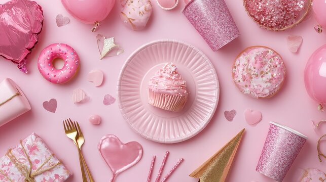 pinkthemed flat lay of party decorations and invitations for girl celebrations baby showers and festive gatherings