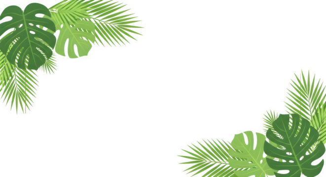 A vibrant tropical foliage border with monstera and palm leaves in the corners, isolated on transparent background, ideal for summer vacation, travel, and naturethemed designs
