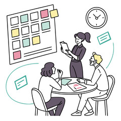 Diverse team collaborating around a table discussing ideas and planning tasks on a large board with sticky notes symbolizing teamwork and project management