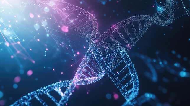 Intertwining dna helix structure transforming into glowing particles