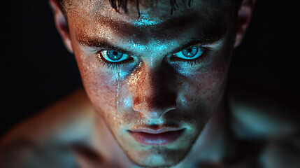 Intense portrait of a determined man with piercing blue eyes showcasing strength and vulnerability