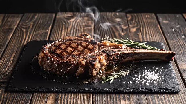 A gourmet, perfectly grilled beef steak, possibly a premium cut like a tomahawk, sits steaming on a dark slate serving board, exuding appetizing warmth and flavor. Visible grill marks indicate expert 