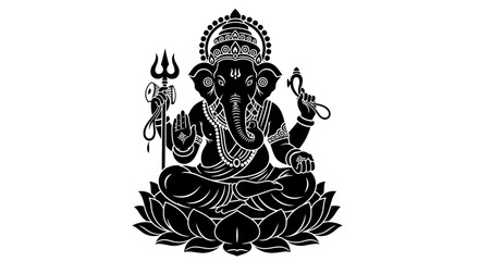 Detailed black and white illustration of Lord Ganesha sitting on a lotus flower, a revered Hindu deity with an elephant head and multiple arms.