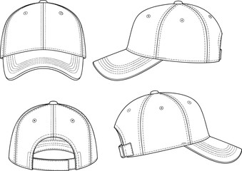 Baseball cap CAD sketch, flat vector illustration, technical hat drawing, fashion accessory template, detailed outline design, adjustable cap blueprint, professional vector artwork