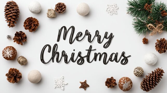 merry christmas text with decorations on white background no faces or people visible greeting card holiday text festive typography xmas message seasonal greeting card desi