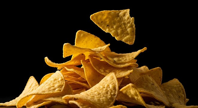 A pile of golden corn tortilla chips with one chip flying isolated on black background