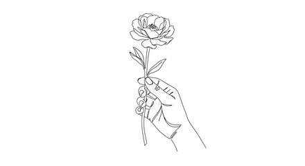 Minimalist continuous line art drawing of a hand gently holding a single blooming flower, likely a peony, on a white background.
