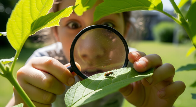 Child examining a leaf with a magnifying glass in sunny backyard  
