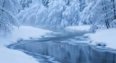 Winter River with Snow-Covered Trees in a Peaceful Forest