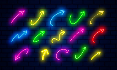 Neon arrow set on black background. Bright isolated glowing neon arrow pointing left arrow signs on black background. neon colorful arrow set.