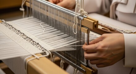 Close up view of traditional weaving loom with wooden shuttle and white cotton threads being operated by skilled artisan hands during textile handicraft production process