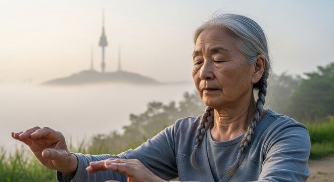 Elderly Asian woman practicing tai chi meditation with closed eyes in peaceful outdoor setting with traditional mosque architecture in soft morning light
