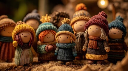 the nativity scene is made up of small wooden figurines its characters wear knitted hats and have colorful hair