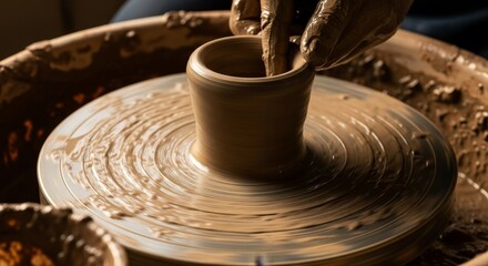 Professional potter shaping clay vessel on spinning pottery wheel with wet muddy hands during ceramic artisan craftsmanship process