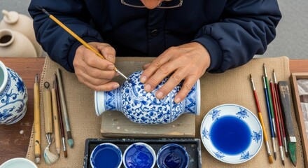 Professional artisan painter carefully decorating traditional blue and white ceramic teapot with intricate floral patterns using fine brush and cobalt blue paint in pottery workshop