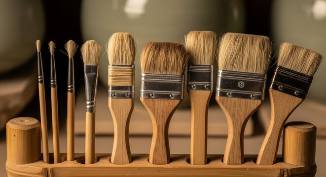 Professional natural bristle paintbrushes with wooden handles arranged in wooden holder for artists painters and craftspeople studio work