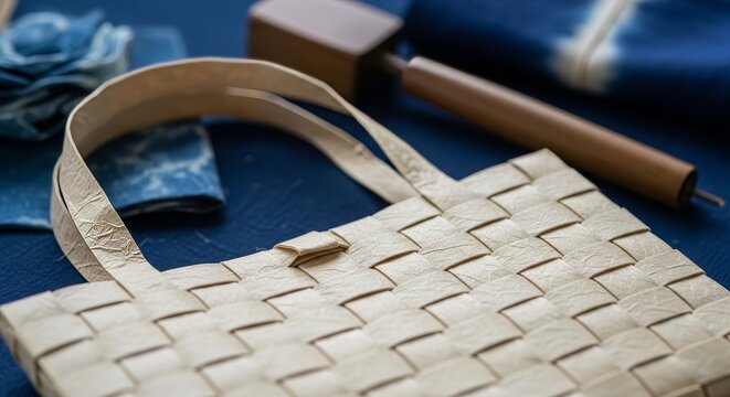 Handwoven cream colored wicker basket with double handles and herringbone pattern displayed on blue fabric surface with leather crafting tools in background