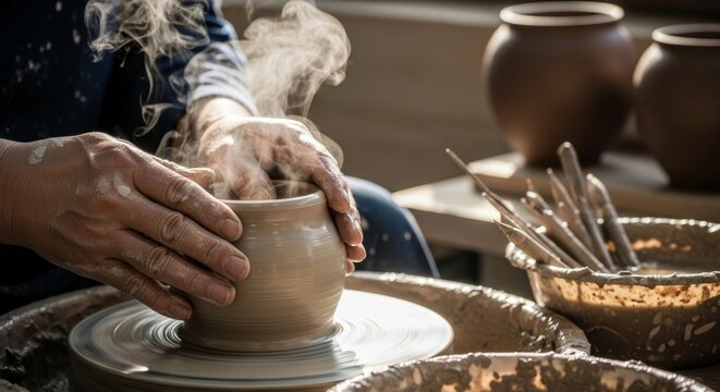 Professional potter hands shaping clay vessel on spinning wheel in artisan ceramics workshop with pottery tools and steam rising from wet clay