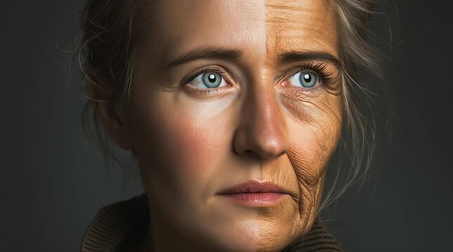 Split Face: Youth and Age Contrast in a Woman's Portrait horizontal video