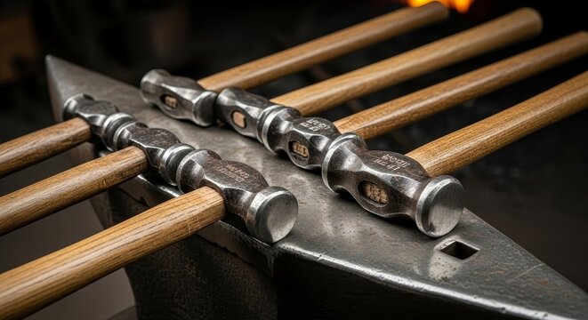 Professional woodworking chisels with wooden handles arranged on dark metal anvil surface in traditional craftsman workshop