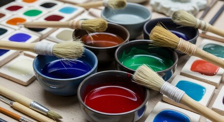 Traditional ceramic bowls filled with vibrant liquid watercolor paints red blue green orange with natural bristle brushes and watercolor palette trays on wooden surface art studio setup