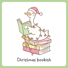 Draw vector cute silly goose reading book Merry christmas Bookish lover Doodle cartoon