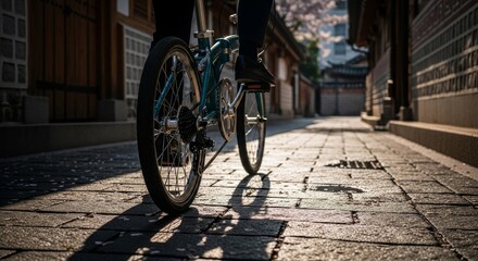 Turquoise vintage bicycle with black tires parked on cobblestone street in historic European city district with traditional brick architecture and dappled sunlight shadows