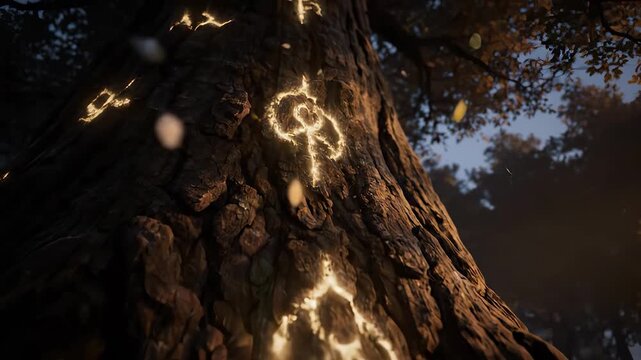 Ancient trunk with tree rune carving etched into bark. Luminescent symbol emits soft glow among forest leaf and tangled root. Patch of moss surrounds base. Rustic inscription and natural texture