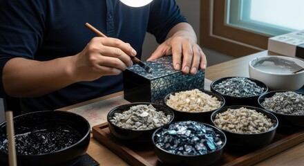 Asian craftsman applying traditional mother of pearl inlay technique on decorative wooden box with various natural materials and tools in artisan workshop