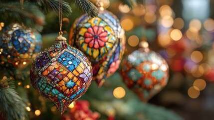 closeup of colorful mosaic glass christmas ornaments hanging on a decorated evergreen tree festive holiday background sparkling lights high detail vibrant colors