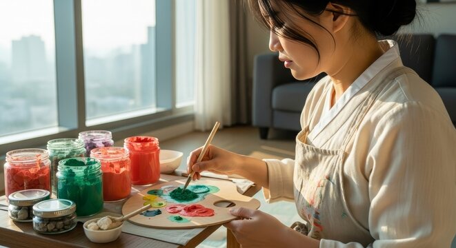Young Asian woman artist mixing green paint on wooden palette while creating artwork in bright sunlit apartment studio with colorful paint jars - Powered by Adobe