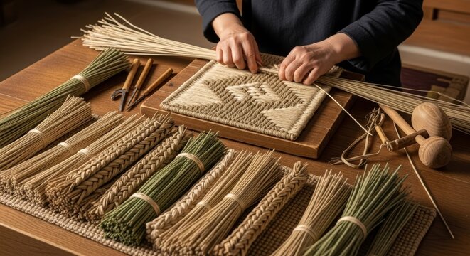 Artisan hands weaving traditional rush seat mat on wooden frame with natural straw bundles and handcraft tools on workshop table
