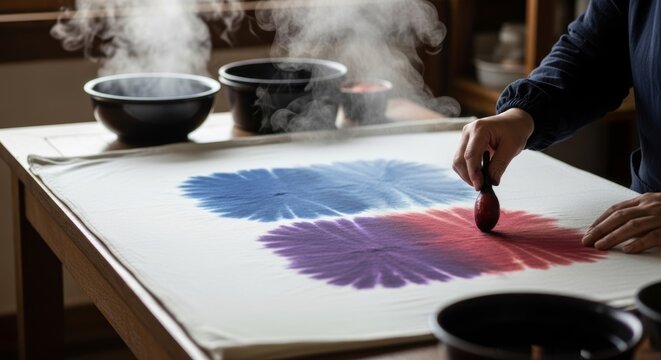 Asian artist creating traditional tie dye artwork using natural pigments with steaming dye bowls and wooden stamp tool on white fabric in artisan workshop studio