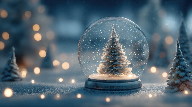 dreamy snow globe holiday scene with christmas tree and sparkling atmosphere