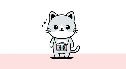 Cute cartoon cat holding vintage camera, standing on white background.