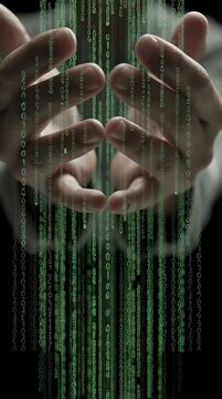 Hands reaching through digital code in Matrix-style green data stream vertical video
