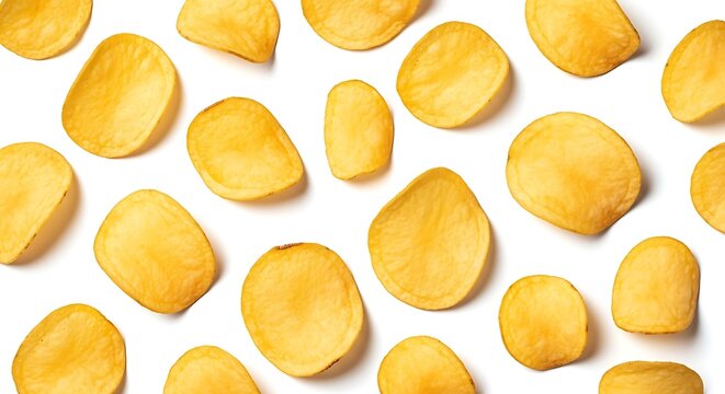 A pattern of golden potato chips scattered across a clean white background, offering a simple and appetizing visual