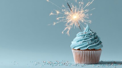 cupcake with blue frosting and lit sparkler on white surface against light blue background for editorial celebration photography festive decor and poetic joythemed visuals