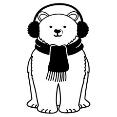 “Cute Polar Bear Wearing Earmuffs and a Cozy Scarf – Simple Clean Minimalist Line Art for Winter, Holiday, and Adorable Arctic Animal Illustrations”
