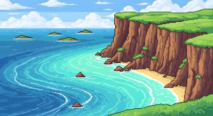Pixelated coastal scene depicts cliffs, islands, and a sandy beach with ocean waves.