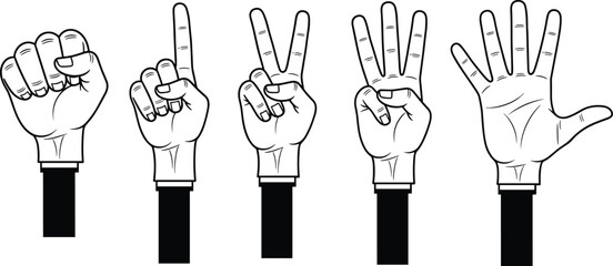 Hand gesture illustration showing numbers one to five, black and white line drawing of counting hands, educational sign language reference