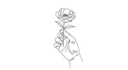 Minimalist line art drawing of a delicate hand gently holding a single blooming flower against a clean white background.