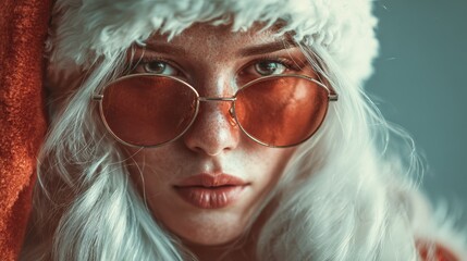 attractive cool female santa claus with sunglasses portrait she has long hairs and red and white heat generative ai