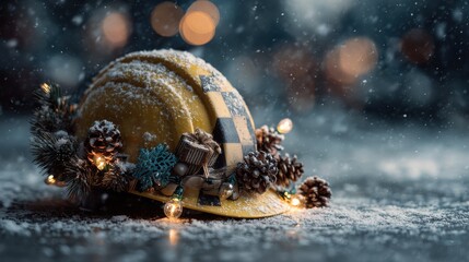 construction helmet decorated for christmas with ornaments gift pine cones and branches with festive lights on a dark surface covered with snow banner copy space