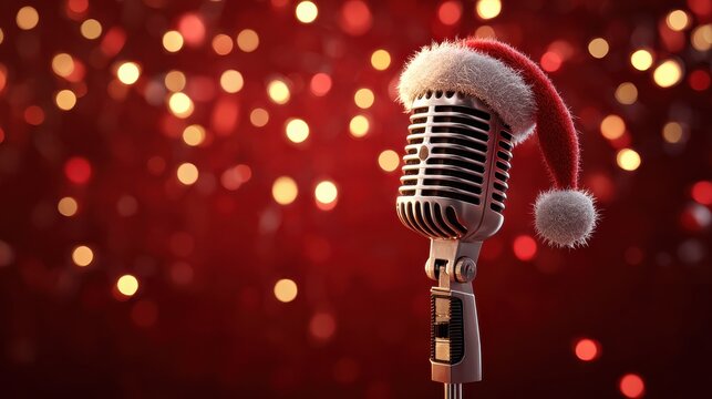 a festive vintage microphone adorned with a santa hat against a red backdrop with twinkling lights evoking a holiday atmosphere for musical performances