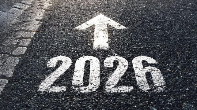 White arrow pointing up to "2026" on asphalt road, photo-realistic new year concept with copy space for text, ideal for business plans, future development ideas and celebration backgrounds.