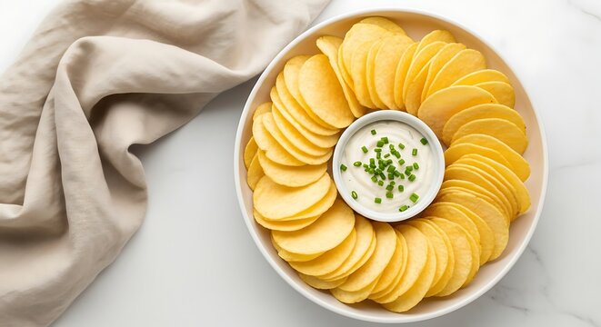 A white bowl filled with thinly sliced potato chips arranged in a circular pattern around a small dish of creamy dip - Powered by Adobe