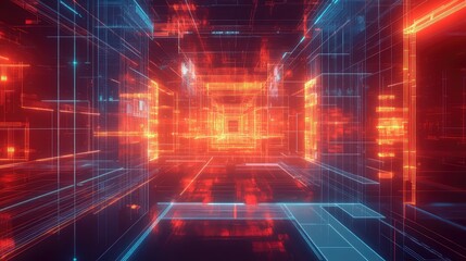 Obraz premium Digital cyberspace data tunnel with glowing grid lines