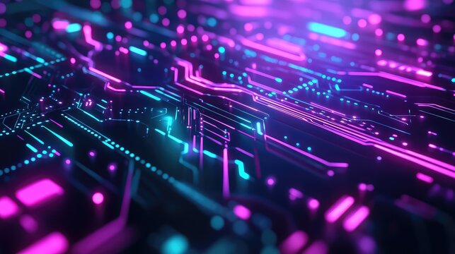 Digital circuit board with glowing neon data lines